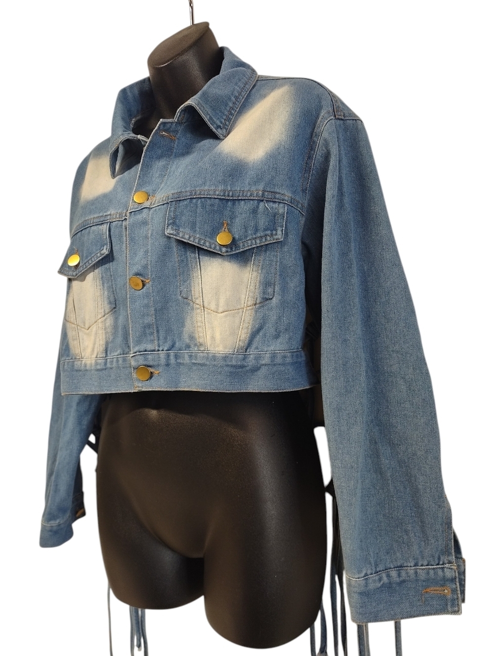 Cropped Bleached Denim Jacket Women's Size M Macrame Lace Up Back Boho Festival - Picture 4 of 10